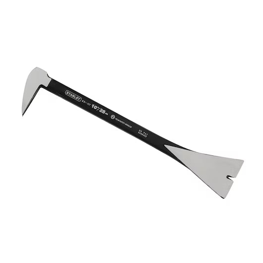 The STANLEY® STEEL MOULDING BAR - 10IN / 250MM features a curved claw and wide, slotted blade—perfect for pulling nails and prying boards during woodworking.